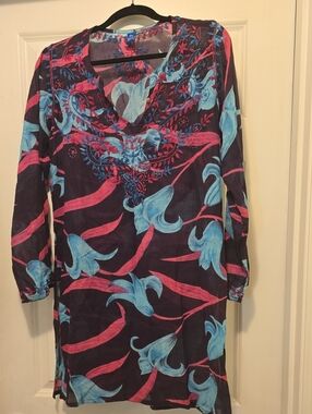 Raj Embroidered Floral Top in Navy, Turquoise & Coral